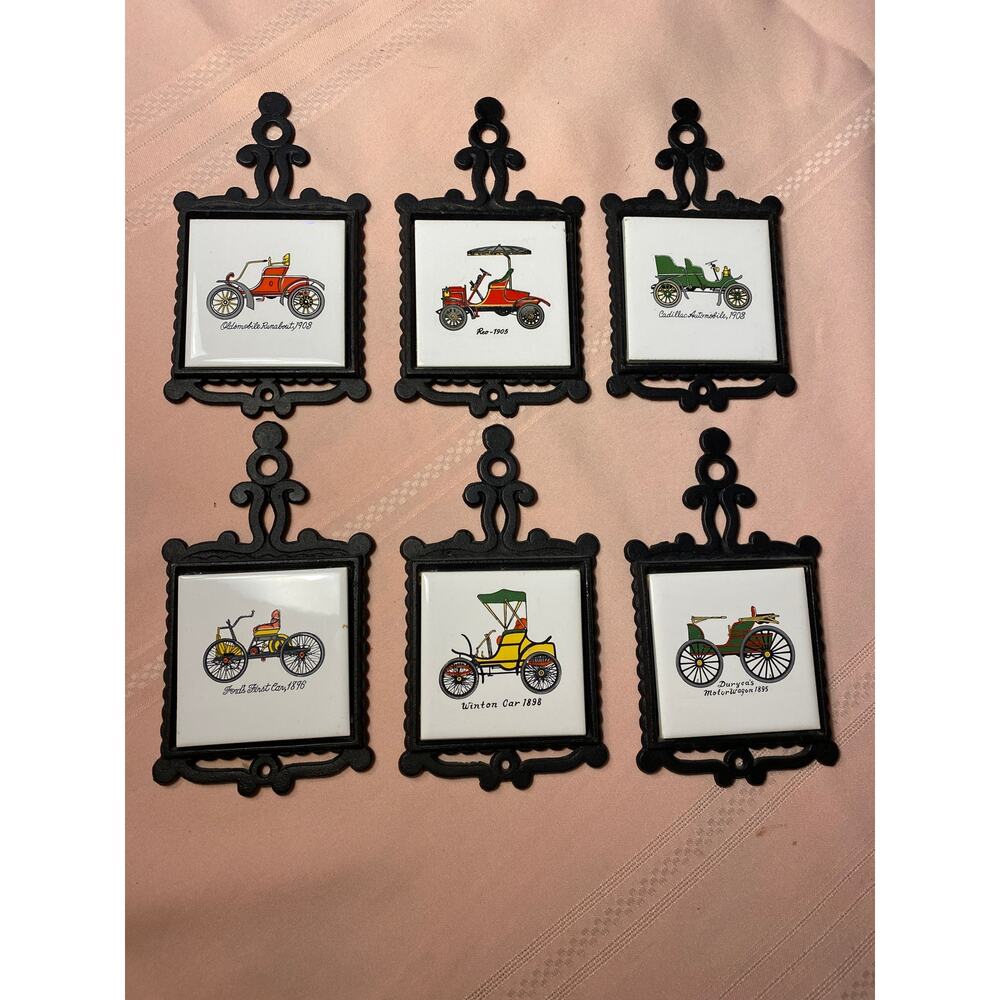 Set of 6 Cast Iron / Tile Mini Trivets with Antique Cars Ardco Japan EUC